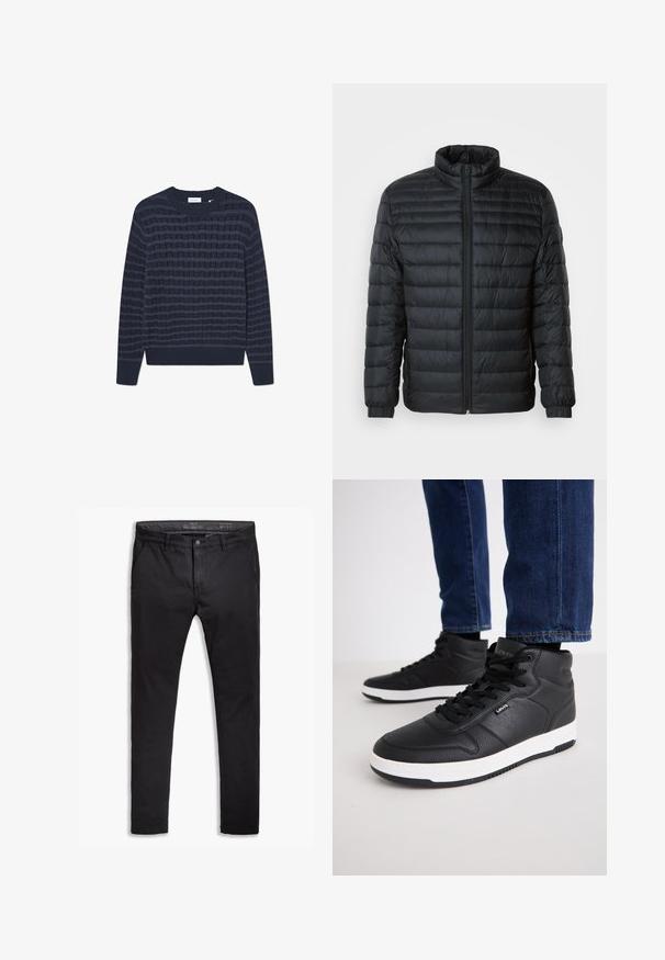 Jachetă puf din material quilted neagră, cu guler înalt, fermoar pe întreaga lungime frontală și manșete elastice la mânecile lungi, pe un fundal simplu.; Pulover tricotat de culoare bleumarin, cu un model texturat din dungi orizontale alternative. Manșete și guler ribbed, dintr-un material moale.; Chino negre din bumbac cu o croială ajustată, având cinci buzunare, bucle pentru curea și o textură netedă. Mânecuță cu fermoar și închidere cu nasture.; Adidași negri tip ghete, din piele texturată, cu șireturi negre, o talpă din cauciuc alb și un logo mic pe lateral.