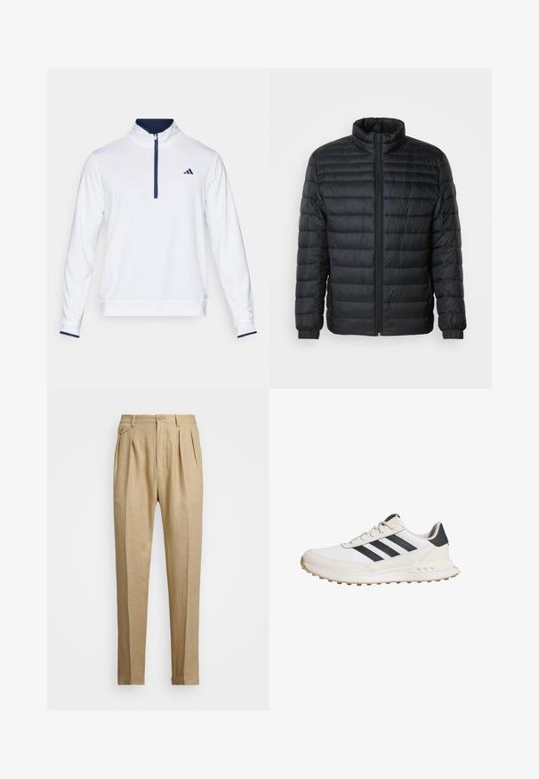 Doudoune noire matelassée avec col montant, fermeture éclair sur toute la longueur à l'avant et poignets élastiques sur les manches longues, sur fond uni.; Pull blanc avec un col montant, fermeture éclair mi-haute à l'avant et accents navy. Fabriqué en tissu texturé avec un petit logo sur la poitrine gauche.; Pantalons en lin beige avec une coupe droite, arbore deux pinces à l'avant, une fermeture à bouton et des poches latérales. Tissu texturé avec une finition lisse.; Des chaussures de sport blanches avec des rayures noires, dotées d'une semelle en caoutchouc texturé, d'une tige en cuir lisse et d'un col rembourré pour un soutien optimal.