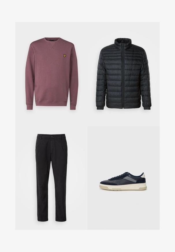 Jachetă puf din material quilted neagră, cu guler înalt, fermoar pe întreaga lungime frontală și manșete elastice la mânecile lungi, pe un fundal simplu.; Lyle & Scott Bluză de molton - highland mauve; Pantaloni negri din material neted, cu un design drept, cu pliuri la față și o închidere cu nasture la talie.; BOSS BALTIMORE - Sneakers low - open blue