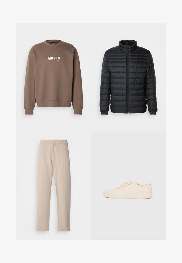Black quilted puffer jacket with a stand-up collar, full front zipper, and elastic cuffs on long sleeves against a plain background.; Brown sweatshirt made of cotton, featuring a crewneck, dropped shoulders, and white "BARBOUR INTERNATIONAL" text on the front.; Beige, pleated trousers made of soft fabric. Features an elastic waistband, straight legs, and a smooth texture. No pockets or accents.; Beige canvas sneakers with round toe, flat rubber sole, and lace-up front. Features minimal design and a contrasting black accent at the heel.