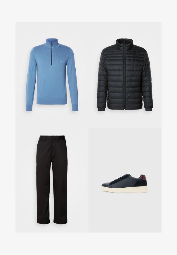 Musternahk puffer jakk mustas, kõrgendatud krae, täispikk tõmblukk ja elastsed mansetid pikkadel varrukatel, lihtsa tausta taustal.; BOSS KANOBIX - Džemper - open blue; Mustad püksid siledast kangast, millel on luku suletava ja nööbi sulgemisega ning keeratud sääred, andes neile lihtsa disaini.; Madala stiilis meeste toss mustast nahast ja seemisnahast, marooni värvi kanna detailiga ja valge kummist tallaga, vaatega välisküljelt.