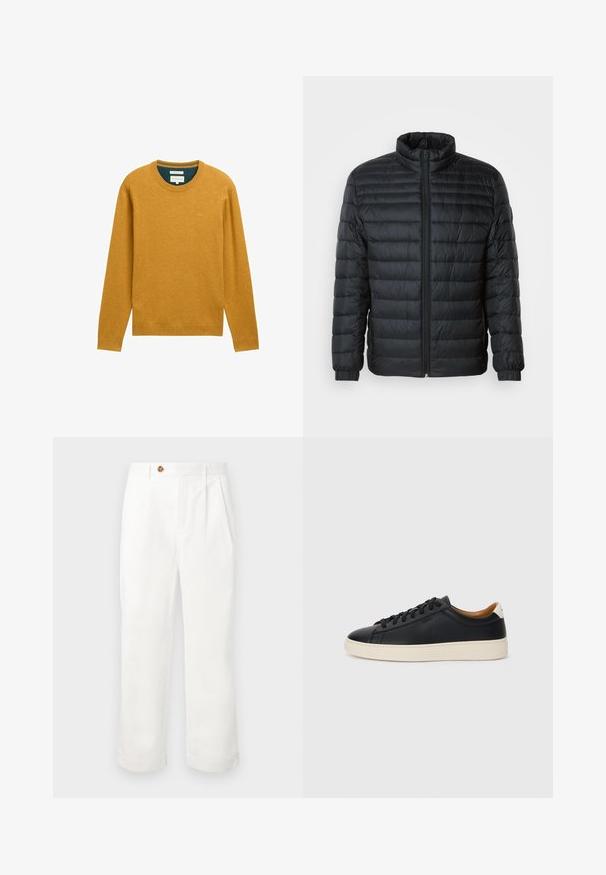 Čierna prešívaná pufovaná bunda s vysokým golierom, plným zipsom na prednej strane a elastickými manžetami na dlhých rukávoch na jednoduchom pozadí.; Horčicovožltý sveter s dlhými rukávmi a okrúhlym výstrihom. Vyrobený z mäkkého materiálu, s rebrovanými krajmi a malým logom na hrudi.; Biele bavlnené nohavice rovného strihu s dvoma prednými pliseami, jedným gombíkovým zapínaním a bočnými vreckami. Hladká textura.; Čierne kožené tenisky s hladkou textúrou, béžová gumová podrážka, viazanie a kontrastný akcent na päte.