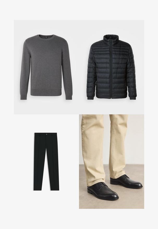 Mustan tilkkupuffertakin, jossa on pystykaulus, koko edessä oleva vetoketju ja elastiset hihansuut pitkissä hihoissa, tasaisella taustalla.; Harmaa neulottu villapaita, jossa on pyöreä pääntie, pitkät hihat, ribbaatut hihansuut ja pieni logo rinnassa. Pehmeä rakenne ja rento muotoilu.; Musta housut, joissa on suora lahje, valmistettu sileästä kankaasta. Edessä nappisulku ja vyölenkit. Yksinkertainen ilman kuvioita.; Musta nahkakengät nauhalla, pyöreällä kärjellä, sileällä pinnalla ja hienovaraisilla ompelutiedoilla, käytettynä vaaleanbeigejen housujen kanssa.