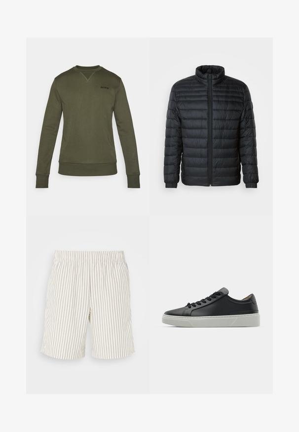 Černá prošívaná péřovka s vyvýšeným límcem, plným předním zipem a elastickými manžetami na dlouhých rukávech na jednoduchém pozadí.; Olivově zelená mikina vyrobená z měkké látky. Má kulatý výstřih, dlouhé rukávy, žebrované manžety a malé černé logo na hrudi.; Pruhované šortky vyrobené z lehké, prodyšné látky. Barva je off-white s tenkými, vertikálními šedými pruhy. Elastický pas.; Černé kožené tenisky s hladkým povrchem, kulatou špičkou a černými šňůrkami. Disponují silnou bílou gumovou podrážkou s jemnými geometrickými akcenty.