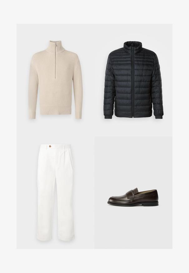 Črna prešita puffer jakna z visokim ovratnikom, polnim zadrgo in elastičnimi manšetami na dolgih rokavih, na enobarvnem ozadju.; Bež majica iz rebraste pletenine z visokim ovratnikom in polovičnim zadrgo. Ima dolge rokave in ravno spodnje robove. Mehka tekstura.; Beli bombažne hlače ravnega kroja, ki imajo dva sprednja pliska, en gumbni zapnalo in stranske žepke. Gladka tekstura.; Calvin Klein Čevlji brez vezalk - cocoa brown