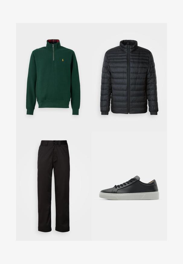 Chaqueta puffer acolchada negra con collar alto, cremallera frontal completa y puños elásticos en las mangas largas sobre un fondo liso.; Sudadera verde con cuello alto con cremallera, puños y dobladillo de canalé. Presenta un pequeño logo amarillo en el pecho y un forro de cuadros rojos en el interior del cuello.; Pantalones negros de tela suave, con cremallera, cierre de botón y puños enrollados para un diseño casual.; Zapatilla negra de cuero con textura suave, punta redonda y cordones negros. Presenta una gruesa suela de goma blanca con sutiles acentos geométricos.