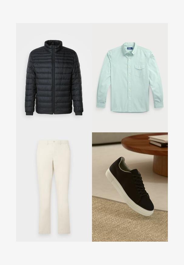 Casaco acolchoado preto com colarinho alto, fecho frontal completo e punhos elásticos nas mangas longas, em fundo liso.; Camisa de botão de manga longa azul-claro com um bolso, apresentando um colarinho, botões à frente e tecido texturizado.; Chinos de algodão bege com um design de perna reta, apresentando um fecho de botão e dois bolsos laterais. Textura suave com um acabamento limpo.; Sneaker preto com sola branca flutuando acima de um tapete texturizado bege, perto de uma mesa redonda de madeira com livros empilhados.