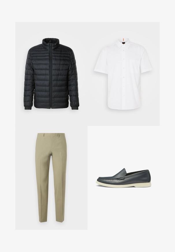 Mustan tilkkupuffertakin, jossa on pystykaulus, koko edessä oleva vetoketju ja elastiset hihansuut pitkissä hihoissa, tasaisella taustalla.; Valkoinen lyhythihainen nappipaita, joka on valmistettu puuvillasta. Paidassa on yksi rintatasku, klassinen kaulus ja hillitty ompeluyksityiskohta.; Khaki-housut slim fit -mallia, valmistettu sileästä kankaasta. Siinä on eturenkaita, vyölenkit ja vetoketjusuljenta.; Navy nahkahuilut, joissa on sileä pinta, helposti jalkaan laitettava muotoilu ja kontrastivalkoinen kumipohja. Omassa lisäkoristuksessa on koristeommel varpaissa.