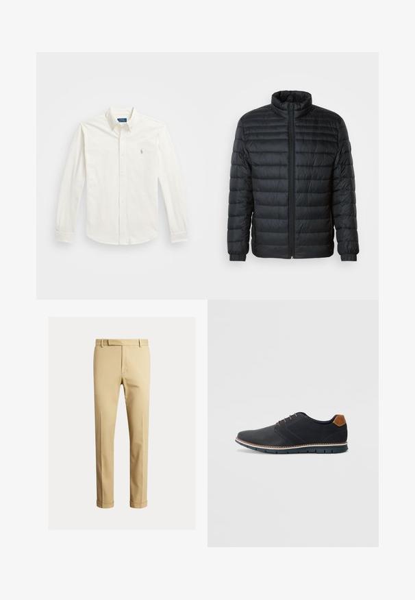 Casaco acolchoado preto com colarinho alto, fecho frontal completo e punhos elásticos nas mangas longas, em fundo liso.; Camisa branca de manga longa, em algodão, com colarinho pontudo e um pequeno logótipo bordado no lado esquerdo do peito. Textura suave.; Chinos caqui feitos de um tecido de algodão suave, com um design ajustado, pregas frontais e punhos no tornozelo para um visual afinado.; Sapatos sintéticos pretos com um upper texturizado, pormenores lisos, salto castanho e uma sola contrastante. Apresentam um sistema de atacadores mínimo e detalhes de costura.