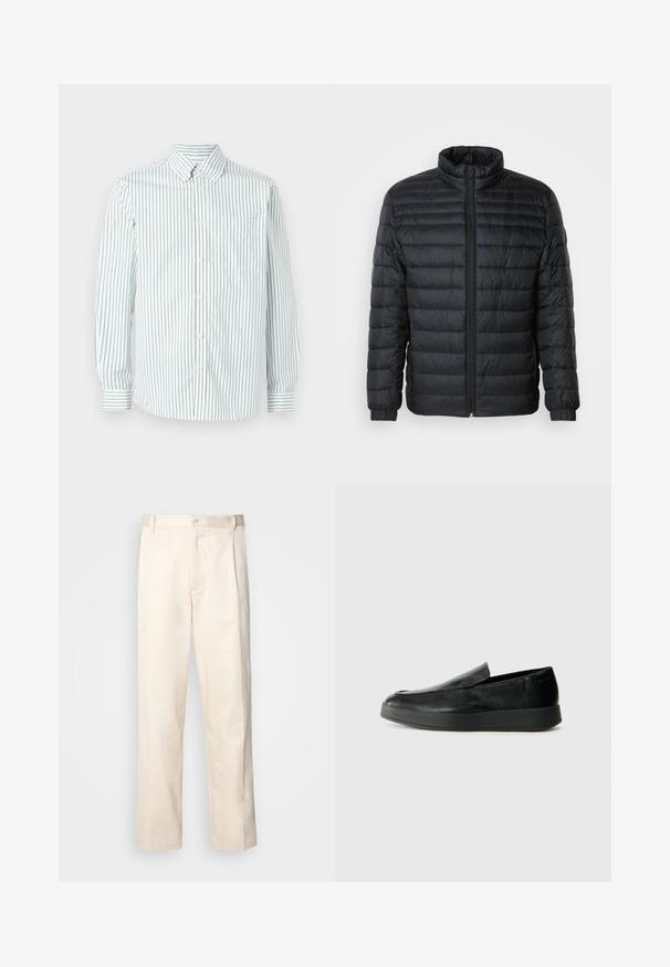 Čierna prešívaná pufovaná bunda s vysokým golierom, plným zipsom na prednej strane a elastickými manžetami na dlhých rukávoch na jednoduchom pozadí.; Les Deux KENT - Košeľa - white; Béžové bavlnené nohavice so strihom rovného nohu, s gombíkovým zapínaním a záhybmi vpredu pre pridanie detailu.; Calvin Klein HYBRID CUP - Našuchovačky - triple black