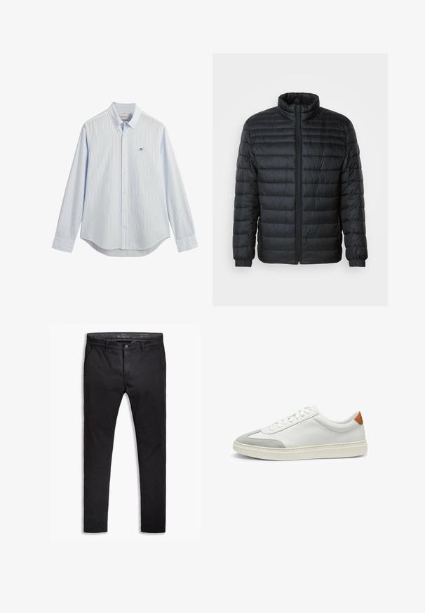 Chaqueta puffer acolchada negra con collar alto, cremallera frontal completa y puños elásticos en las mangas largas sobre un fondo liso.; Camisa de botones a rayas azul claro, hecha de algodón, con cuello puntiagudo, mangas largas y dobladillo redondeado, con un pequeño logo en el pecho.; Chinos de algodón negro con un ajuste entallado, que cuentan con cinco bolsillos, pasadores para cinturón y una textura suave. Cierre de cremallera con botón.; Zapatillas de cuero blanco con acentos de ante gris y un refuerzo de cuero marrón claro en el talón. Presentan una superficie texturizada y una suela ligera.