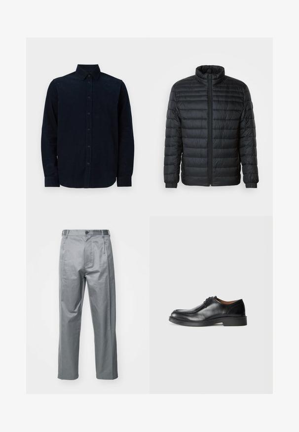 Sort quilted pufferjakke med høj krave, hel frontlynlås og elastiske manchetter på lange ærmer mod en ensfarvet baggrund.; Marineblå langærmet skjorte lavet af struktureret stof, med knaplukning foran, spidse kraver og knaplukninger ved manchetterne.; Grå bomuldsblandede bukser med lige ben-design, der har en frontknaplukning, bæltestropper og sidelommer.; Sorte lædersko med rund tå, glat overflade, snøre detaljer og en lav, tekstureret gummisål. Rene linjer og minimalistisk design.