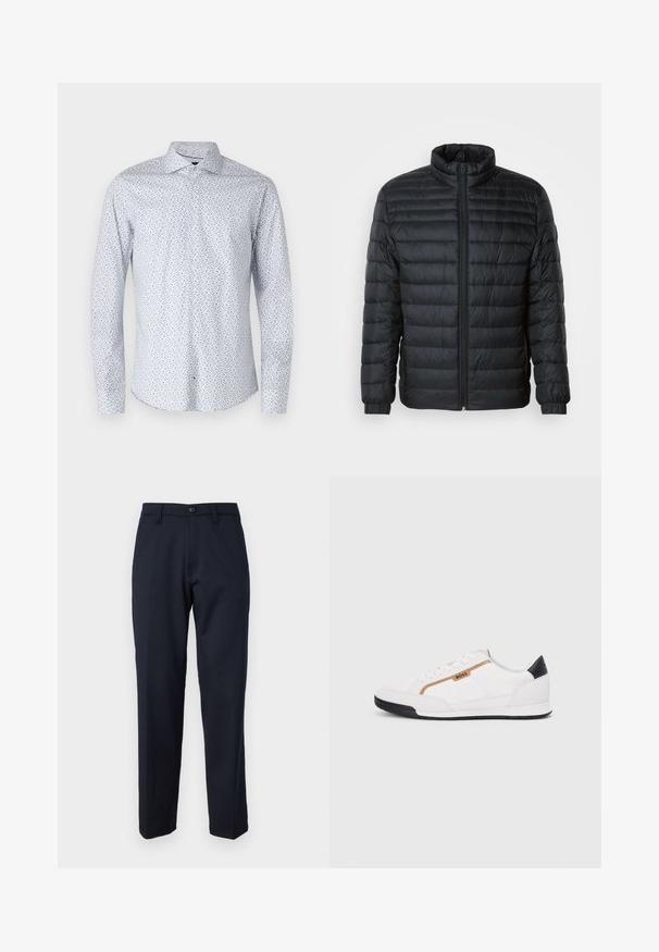 Black quilted puffer jacket with a stand-up collar, full front zipper, and elastic cuffs on long sleeves against a plain background.; Long-sleeve shirt in light blue fabric featuring a small floral pattern in dark blue and subtle white accents; classic collar and button front.; Navy blue trousers made of smooth fabric, featuring a front button, straight-leg design, and side pockets. No patterns or embellishments visible.; White athletic shoes with mesh and leather accents. Features a gold "BOSS" logo, textured side panels, and a black heel cap. Rubber sole.
