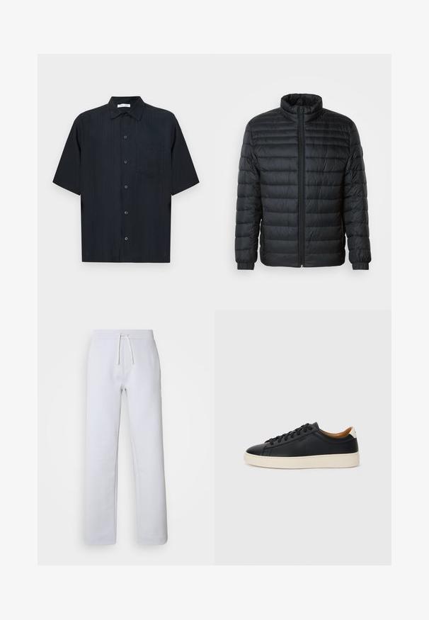 Juodas uždangas pūkinis švarkas su aukštu apykakle, pilnu priekiu užtrauktuku ir elastingais rankogaliais ant ilgųjų rankovių, priešais vientisą foną.; Juoda marškiniai trumpomis rankovėmis su mygtukais, turi kišenę, subtilią tekstūrą ir laisvą siluetą su klasikiniu apykaklės dizainu.; Šviesiai pilki, tiesaus kirpimo kelnių, pagamintų iš minkštos medžiagos, su elastinga juosmens juosta ir raišteliu. Yra šoninės kišenės ir subtilus juostuotas raštas.; Juodos odinės sportbačiai su lygiu paviršiumi, smėlio spalvos guminis padas, raišteliais užsegama konstrukcija ir kontrastingas kulno akcentas.