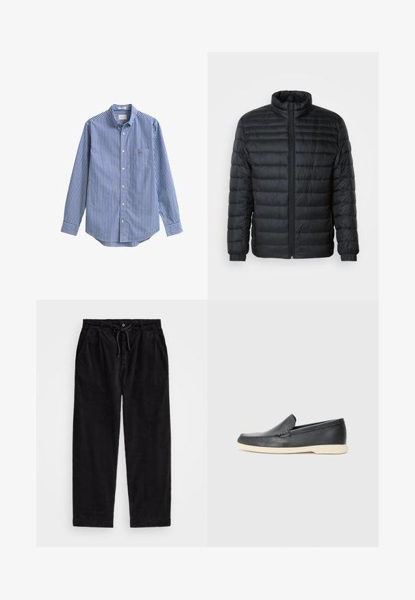 Casaco acolchoado preto com colarinho alto, fecho frontal completo e punhos elásticos nas mangas longas, em fundo liso.; Camisa de manga comprida às riscas verticais azuis e brancas, com colarinho abotoado, um bolso frontal e bainha arredondada. Tecido de algodão macio.; Calças de veludo cotelê pretas com um ajuste relaxado, apresentando uma cintura elástica com cordão e bolsos laterais. O tecido apresenta uma textura canalizada.; Mocassins pretos em couro com acabamento texturizado e sola de borracha bege em contraste. Apresenta um detalhe subtil na parte da frente.