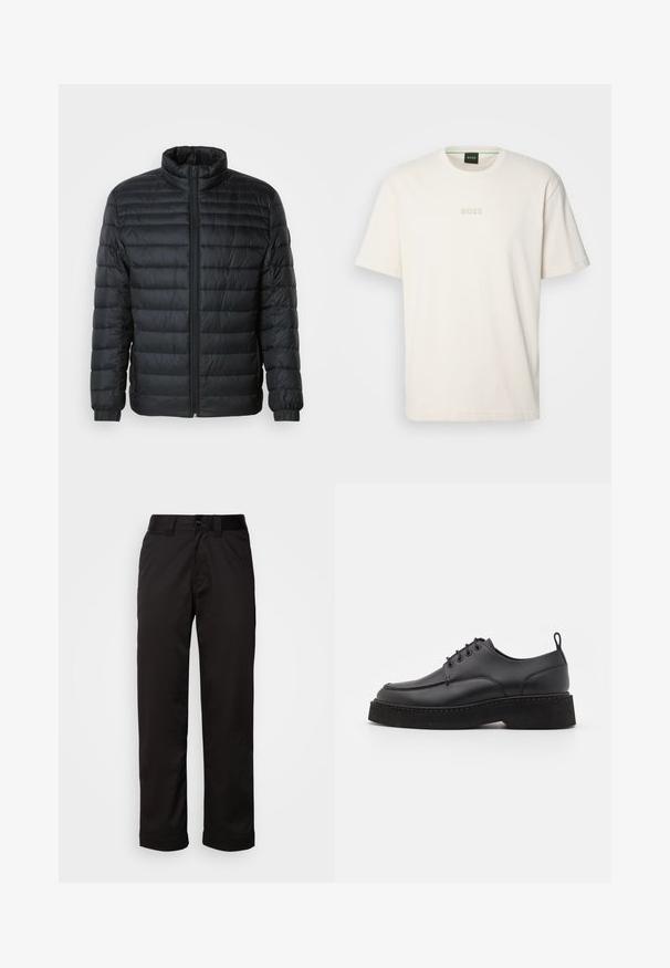 Črna prešita puffer jakna z visokim ovratnikom, polnim zadrgo in elastičnimi manšetami na dolgih rokavih, na enobarvnem ozadju.; BOSS TEE - Navadna majica - open white; Črne hlače iz gladkega blaga z zadrgo, gumbom za zapiranje in zavihanimi hlačnicami za sproščen videz.; Črne usnjene čevlje za vezanje z zaobljenim nosom, debelim črnim platformnim podplatom in okrasnim šivom ob robu. Gladka tekstura.