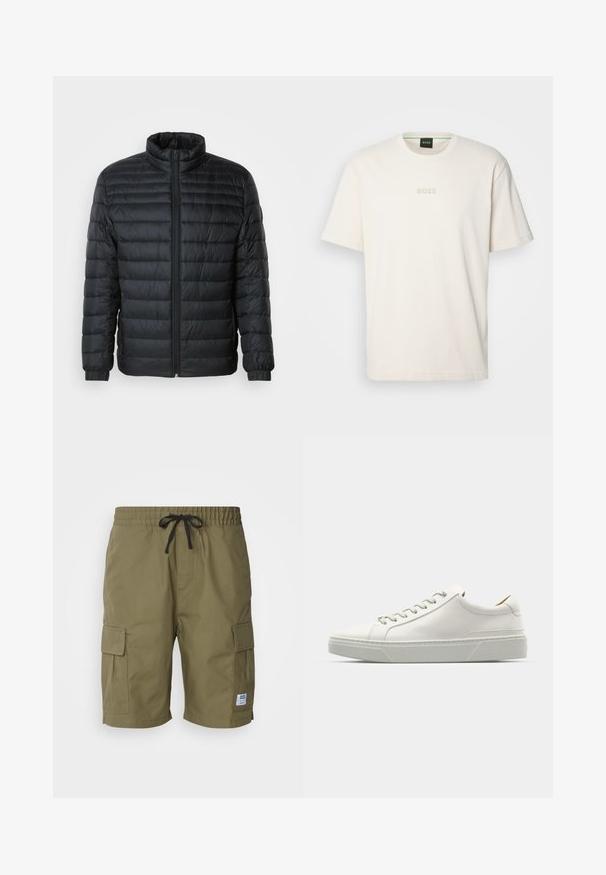 Musternahk puffer jakk mustas, kõrgendatud krae, täispikk tõmblukk ja elastsed mansetid pikkadel varrukatel, lihtsa tausta taustal.; BOSS TEE - Lihtne T-särk - open white; Oliivirohelised cargo lühikesed püksid, mis on valmistatud kerge kangaga, millel on elastne vöökoht ja stringiga reguleeritav kinnitus ning külgmised cargo-taskud.; Valge nahast tennis, millel on ümmargune varvas, minimalistlik disain, hallad paelad ja tekstureeritud hall kummitald. Näha on peeneid õmblusdetailide.