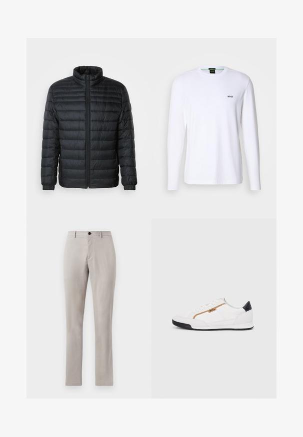 Doudoune noire matelassée avec col montant, fermeture éclair sur toute la longueur à l'avant et poignets élastiques sur les manches longues, sur fond uni.; T-shirt blanc à manches longues en coton, avec un col rond et un petit logo noir "BOSS" sur la partie gauche de la poitrine.; Pantalons gris clair, ajustés, avec une texture lisse, dotés d'une fermeture à bouton et de jambes droites. Pas de poches visibles ni de motifs.; Baskets blanches avec des accents en maille et en cuir. Caractéristiques d'un logo "BOSS" doré, de panneaux latéraux texturés et d'un capuchon de talon noir. Semelle en caoutchouc.