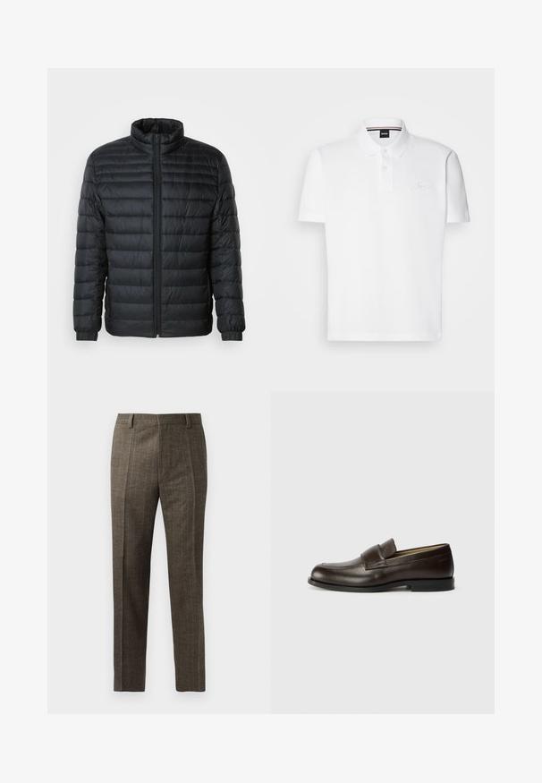 Čierna prešívaná pufovaná bunda s vysokým golierom, plným zipsom na prednej strane a elastickými manžetami na dlhých rukávoch na jednoduchom pozadí.; Biela polo tričko vyrobené z bavlneno-polyesterovej zmesi, s golierom, dvoma gombíkmi na prednej strane a jemne vyšitým logom na hrudi.; Hnedé kockované nohavice majú rovný strih, predné puky a pútka na opasok. Sú vyrobené z texturovanej látky s tenkými prúžkami.; Calvin Klein Našuchovačky - cocoa brown