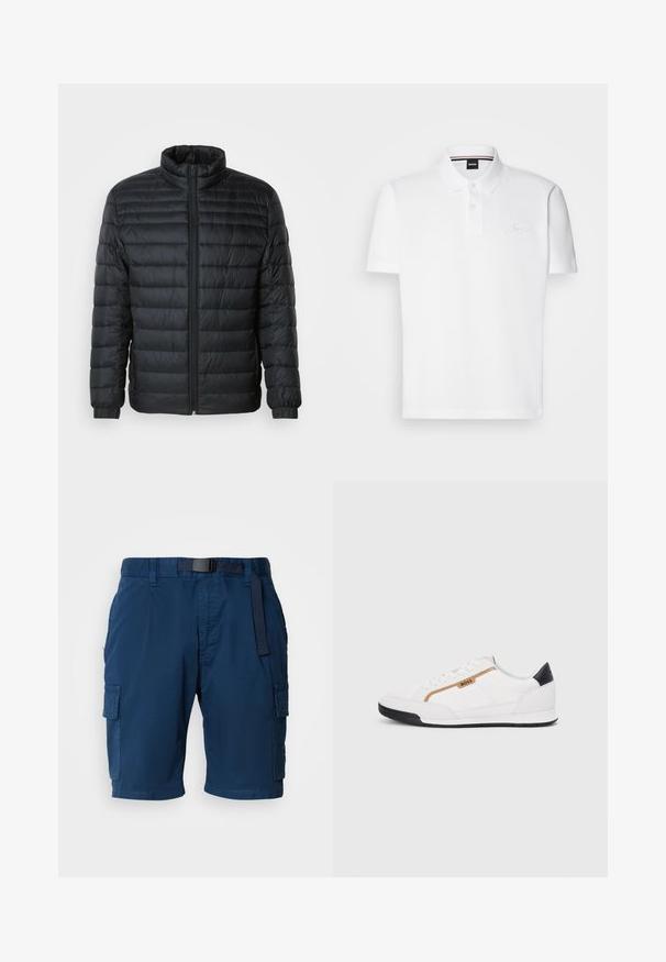 Svart quiltet boblejakke med oppreist krage, hel glidelås foran og elastiske mansjetter på lange ermer mot en ensfarget bakgrunn.; Hvit polo skjorte laget av en bomulls-polyester blanding, med krage, to-knapps knappestolpe og en diskré brodert logo på brystet.; Marineblå cargo-shorts laget av lett stoff, med belted midje, sidelommer og en subtil tekstur.; Hvite sporty sko med mesh- og lærdetaljer. Har en gull "BOSS"-logo, teksturerte sidepaneler og en svart hælbru. Gummisåle.