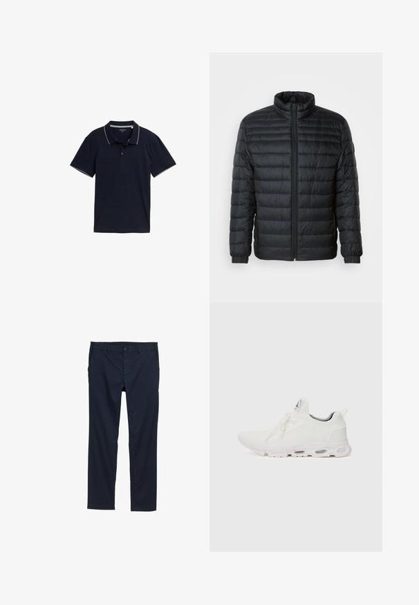 Jachetă puf din material quilted neagră, cu guler înalt, fermoar pe întreaga lungime frontală și manșete elastice la mânecile lungi, pe un fundal simplu.; Tricou polo bleumarin din bumbac, cu guler clasic, închidere cu trei nasturi și detalii contrastante de gri deschis pe guler și mâneci.; Pantaloni ușori de culoare albastru închis, cu o textură netedă, design cu picioare drepte, închidere cu nasture și buzunare laterale.; Adidași albi cu un superior din țesătură texturată, șireturi plate și o talpă cu perne de aer vizibile pentru suport suplimentar.