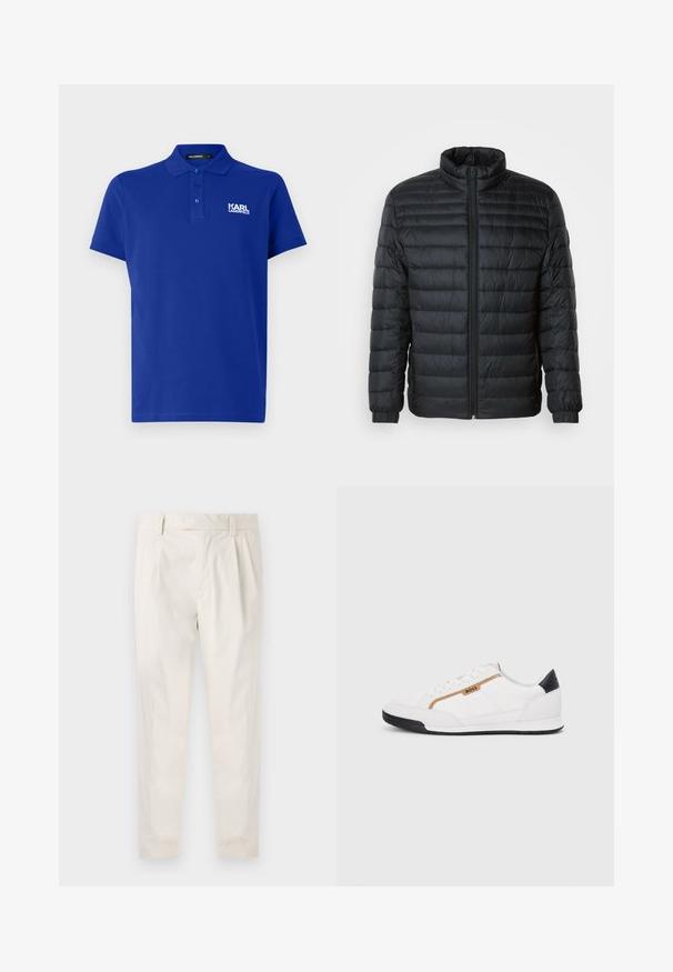 Casaco acolchoado preto com colarinho alto, fecho frontal completo e punhos elásticos nas mangas longas, em fundo liso.; Polo azul feito de algodão com um colarinho clássico, fecho de três botões e logotipo branco no lado esquerdo do peito. Mangas curtas, textura suave.; Calças brancas pregueadas com um corte ajustado, apresentando uma textura suave, passantes de cinto e pernas afuniladas. Sem bolsos visíveis ou padrões.; Tênis atléticos brancos com detalhes em malha e couro. Apresenta um logotipo dourado "BOSS", painéis laterais texturizados e um capô de calcanhar preto. Sola em borracha.