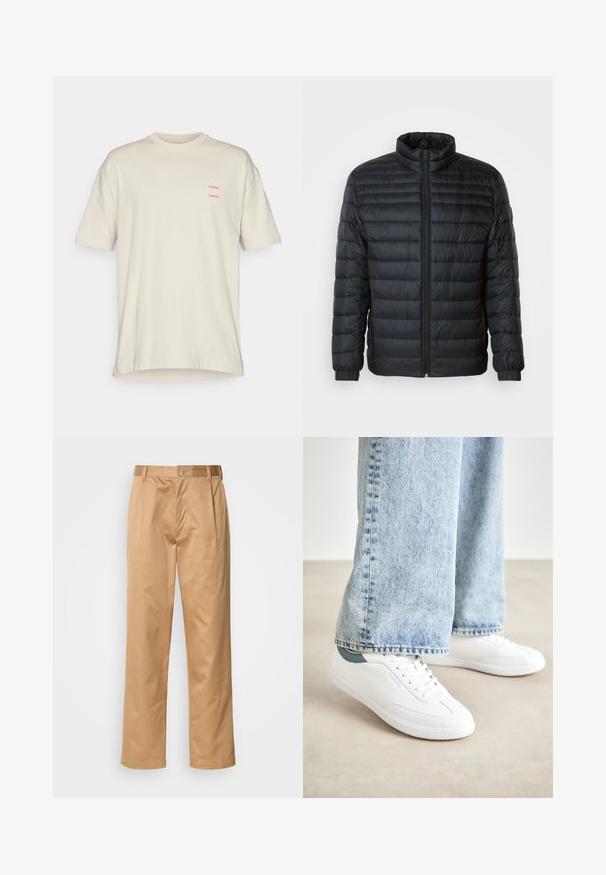 Schwarze gesteppte Pufferjacke mit Stehkragen, durchgehendem Reißverschluss und elastischen Manschetten an langen Ärmeln vor einem schlichten Hintergrund.; Beige Baumwoll-T-Shirt mit lockerer Passform, Rundhalsausschnitt und kurzen Ärmeln. Doppelte rote "SAMSØE"-Textakzente auf der linken Brust.; Khaki-Hosen aus Baumwollmischung, im geraden Schnitt, mit Vorderfalten, Gürtelschlaufen und Knopfverschluss. Glatte Textur ohne Muster.; Weiße Sneaker aus glattem Material, mit Schnürdesign, strukturiertem Gummisohle und einem türkisfarbenen Akzent an der Ferse, kombiniert mit hellblauen Jeans.