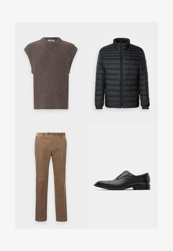 Casaco acolchoado preto com colarinho alto, fecho frontal completo e punhos elásticos nas mangas longas, em fundo liso.; Top sem mangas de malha castanho com textura canelada, gola alta e fendas laterais. Apresenta uma bainha ajustada e um tecido suave.; Calças de corduroy castanhas com textura ribada vertical, design de perna reta, fecho de botão único e dois bolsos frontais.; Sapatinho de pele preta com textura suave, bico arredondado e cinco ilhós. Apresenta um salto baixo em camadas e costuras discretas.