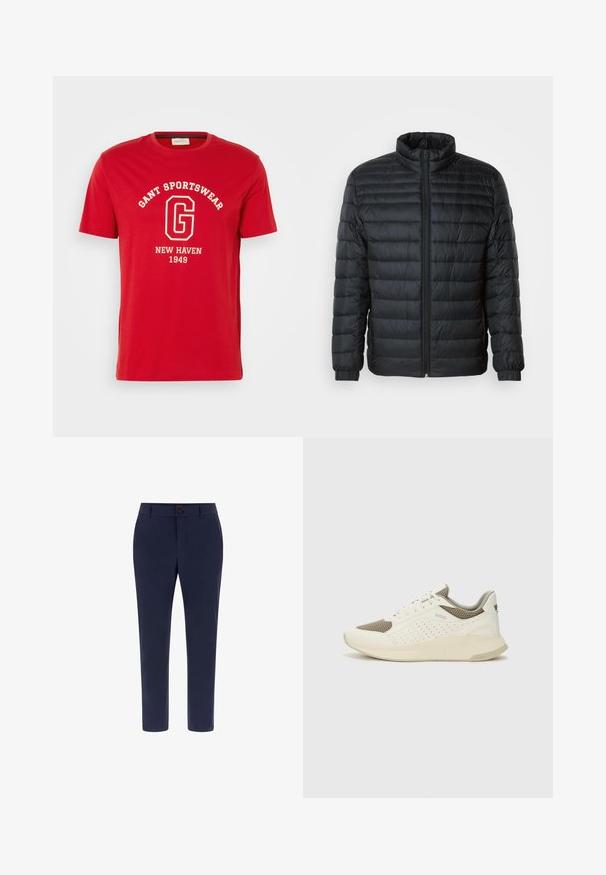 Černá prošívaná péřovka s vyvýšeným límcem, plným předním zipem a elastickými manžetami na dlouhých rukávech na jednoduchém pozadí.; Červené tričko s krátkým rukávem vyrobené z bavlny, na kterém je bílý potisk s nápisem "GANT SPORTSWEAR" a "NEW HAVEN 1949" v klasickém písmu.; Tmavě modré kalhoty s úzkým střihem, vybavené jedním tlačítkem na zavírání, předními kapsami a hladkou texturou látky. Žádné viditelné vzory.; Bílé a světle béžové atletické tenisky, které mají síťovaný svršek, perforované detaily a texturovanou mezipodešev s logem na patě.