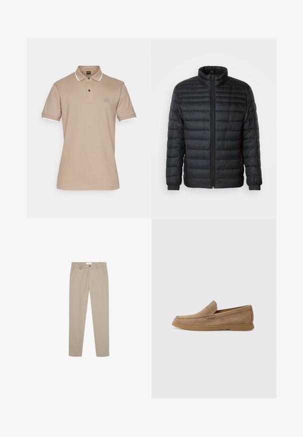 Doudoune noire matelassée avec col montant, fermeture éclair sur toute la longueur à l'avant et poignets élastiques sur les manches longues, sur fond uni.; BOSS PASSERTIP - Polo - open brown; Pantalons beiges sur mesure en tissu lisse. Comprend des poches avant, une fermeture à bouton et une coupe droite élégante.; Mocassins en daim brun à enfiler avec une texture lisse et des coutures détaillées ; dotés d'une semelle en caoutchouc pour l'adhérence.