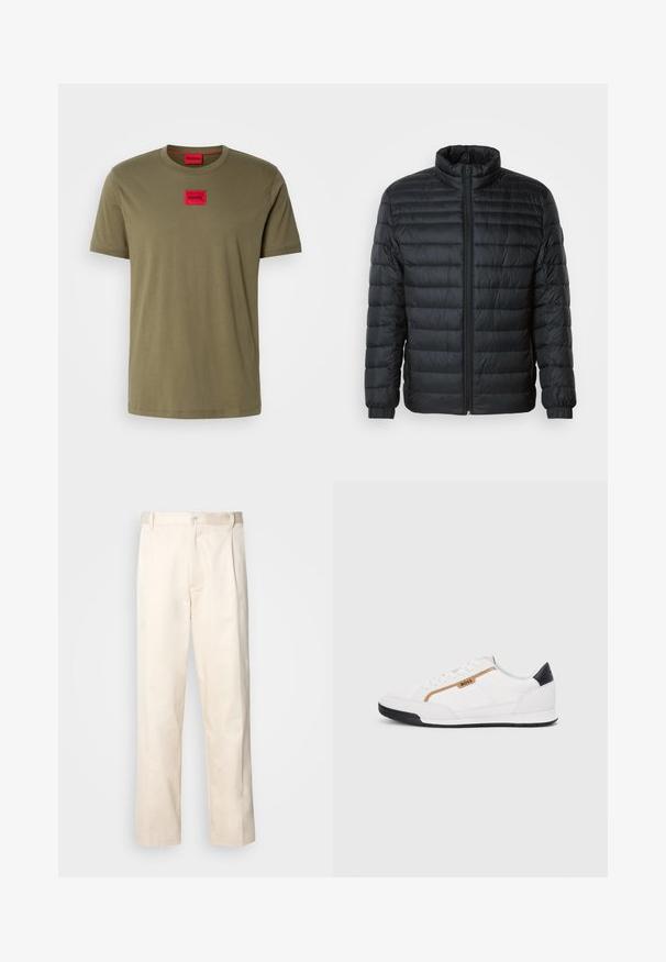 Casaco acolchoado preto com colarinho alto, fecho frontal completo e punhos elásticos nas mangas longas, em fundo liso.; T-shirt de algodão verde oliva com decote redondo, mangas curtas e um patch de logo quadrado vermelho no peito. Textura suave.; Calças de algodão bege com corte reto, apresentando um fecho de botão e pregas na frente para um detalhe adicional.; Tênis atléticos brancos com detalhes em malha e couro. Apresenta um logotipo dourado "BOSS", painéis laterais texturizados e um capô de calcanhar preto. Sola em borracha.