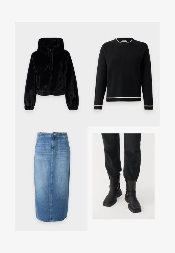 Fekete, rövidített műszőrme kabát kapucnival, elöl cipzárral, húzózsinórral, valamint rugalmas mandzsettákkal és derékkal.; Fekete, hosszú ujjú, kerek nyakú pulóver fehér díszítéssel a galléron, az ujjak végén és az alsó szegélyen, sima fehér háttér előtt.; Világoskék farmer ceruza szoknya egyenes szabással, elöl gombos záródással és enyhe fakulással. A szoknya szegélye éppen térd felett végződik.; Fekete bőr bokacsizmák négyzet alakú orral, széles pánttal és fém csattal. A csizmák vastag talppal és sima felülettel rendelkeznek.