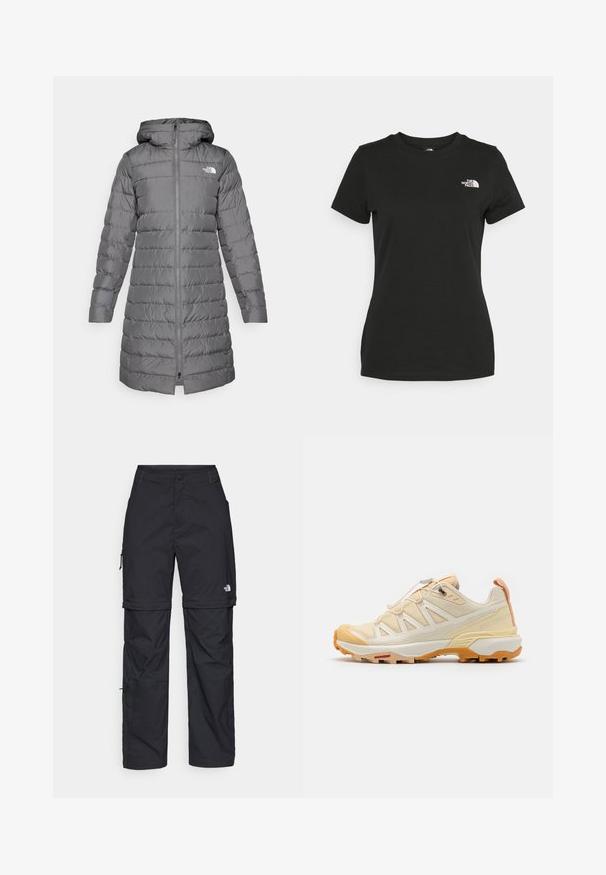 Giacca a vento grigia con cappuccio, dotata di zip frontale, motivo a coste verticali e accento con logo sul lato sinistro del petto.; T-shirt in cotone nero con collo a giro e maniche corte. Logo bianco ben visibile sulla parte superiore sinistra. Tessuto liscio, vestibilità casual.; Pantaloni cargo in nylon nero con zip rimovibile, polsini regolabili, molteplici tasche e un logo sulla gamba destra. Tessuto liscio e leggero.; Salomon X ULTRA 360 EDGE W - Scarpa da hiking - wheat/shortbread/peach quartz