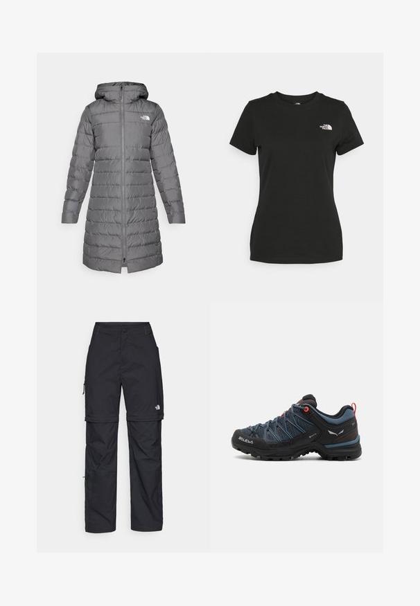 Siva napihnjena jakna s kapuco, z zadrgo spredaj, vertikalnim prešitjem in logotipom na levi prsni strani.; Črna bombažna majica s krožnim izrezom in kratkimi rokavi. Opazna bela oznaka na zgornji levi strani. Gladka tekstura, sproščen kroj.; Črne najlon hlače z zipom, ki se lahko odstranijo, s prilagodljivimi manšetami, več žepi in logotipom na desni nogi. Gladka, lahka tekstura.; Moške pohodniške čevlje z zgornjim delom iz črno-modre mrežice, gumo zaščitenim prstom in rdečimi detajli. Imajo teksturiran podplat za oprijem in stabilnost.