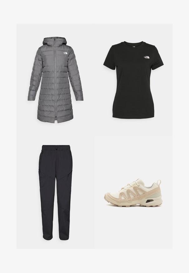 Szürke puffakabát kapucnival, cipzáras elülső résszel, függőleges steppelt mintázattal és logós díszítéssel a bal mellrészen.; Fekete pamut póló, klasszikus nyakkivágással és rövid ujjakkal. Figyelemre méltó fehér logó a bal felső oldalon. Sima textúra, laza fazon.; Fekete cargo nadrág rugalmas derékpánttal, több cipzáras zsebbel és paneles varrással, ami extra textúrát és dizájnt kölcsönöz.; Beige és krém színű sportcipő, texturált hálós felsőrésszel, támogató burkolattal és gumitalppal, amely tapadás érdekében bordázott mintázattal rendelkezik.