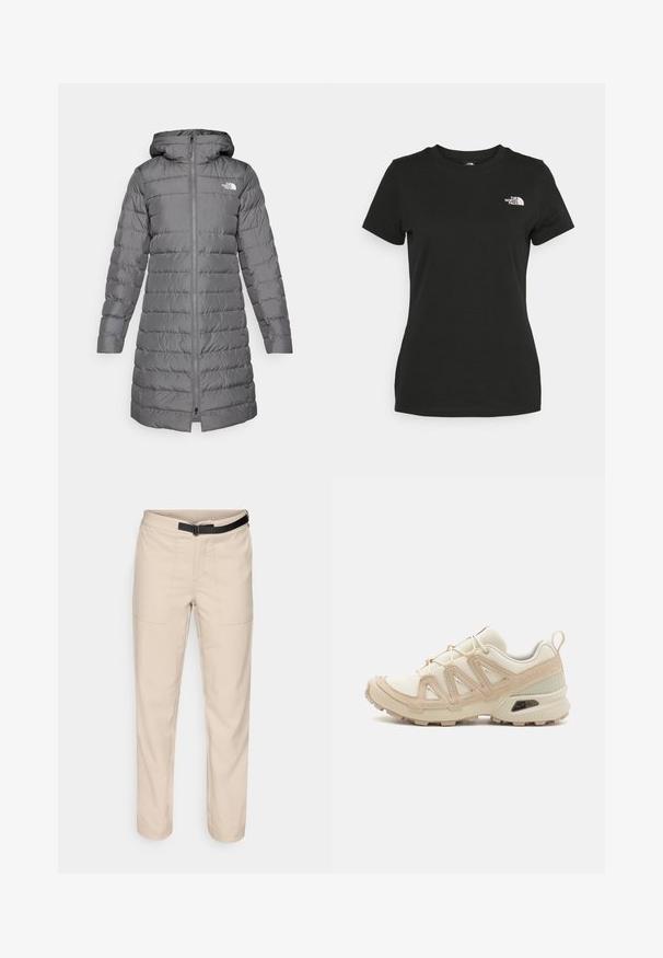 Pelēks pūkains mētelis ar kapuci, ar rāvējslēdzēju priekšā, vertikālu kviltojuma rakstu un logotipa akcentu kreisajā krūtī.; Melnas kokvilnas T-krekls ar apaļu kakla izgriezumu un īsām piedurknēm. Ievērojams balts logo kreisajā augšējā pusē. Gluda tekstūra, brīvā piegriezumā.; Kremkrāsas bikses ar gludu tekstūru, kas aprīkotas ar divām priekšējām kabatām, melnu jostu un taisnā kāju dizainu.; Beige un krēma sporta apavi ar strukturētu tīkla virsmu, atbalstošajiem slāņiem un gumijas zoli ar protektoru rakstu, kas nodrošina saķeri.