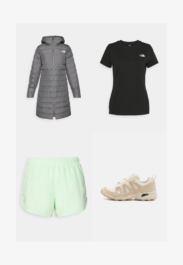 Grå puffjacka med huva, med dragkedja fram, vertikalt quiltat mönster och logotypakcent på vänster bröst.; Svart bomull t-shirt med rund halsringning och korta ärmar. Anmärkningsvärt vitt logotyp på övre vänstra sidan. Slät yta, avslappnad passform.; Ljusgröna träningsshorts med elastisk midja, med en reflekterande logodetalj och en mjuk, lätt tygtextur.; Beige och krämfärgad atletisk sko med texturerad meshovandel, stöttande överdrag och gummisulor med ett mönster för grepp.