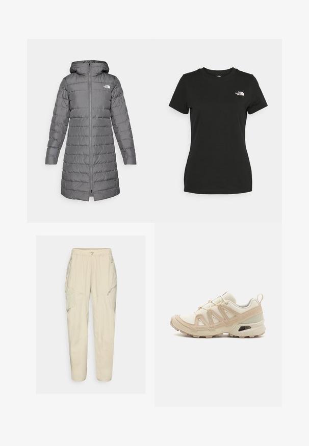 Sivý puffový kabát s kapucňou, s predným zipsom, vertikálnym prešívaním a logom umiestneným na ľavej hrudi.; Čierne bavlnené tričko s okrúhlym výstrihom a krátkymi rukávmi. Výrazné biele logo na hornej ľavej strane. Hladká štruktúra, pohodlný strih.; Svetlé béžové cargo nohavice s elastickým pásom, so zipsovými vreckami a panelovými detailmi. Vyrobené z hladkej, ľahkej tkaniny.; Beige a krémová športová obuv s textúrovaným sieťovým zvrškom, podporujúcimi prekrytiami a gumovou podrážkou s dezénom pre trakciu.