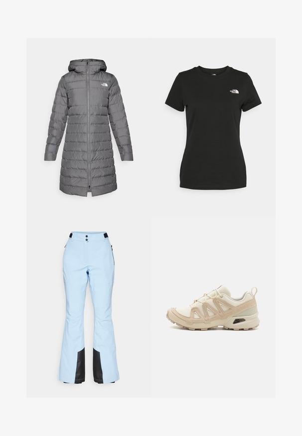 Grå puffjacka med huva, med dragkedja fram, vertikalt quiltat mönster och logotypakcent på vänster bröst.; Svart bomull t-shirt med rund halsringning och korta ärmar. Anmärkningsvärt vitt logotyp på övre vänstra sidan. Slät yta, avslappnad passform.; Ljusblå skidbyxor med utsvängd bendesign, svarta detaljer vid fållen, två knappar i midjan och sidodragkedjefickor.; Beige och krämfärgad atletisk sko med texturerad meshovandel, stöttande överdrag och gummisulor med ett mönster för grepp.