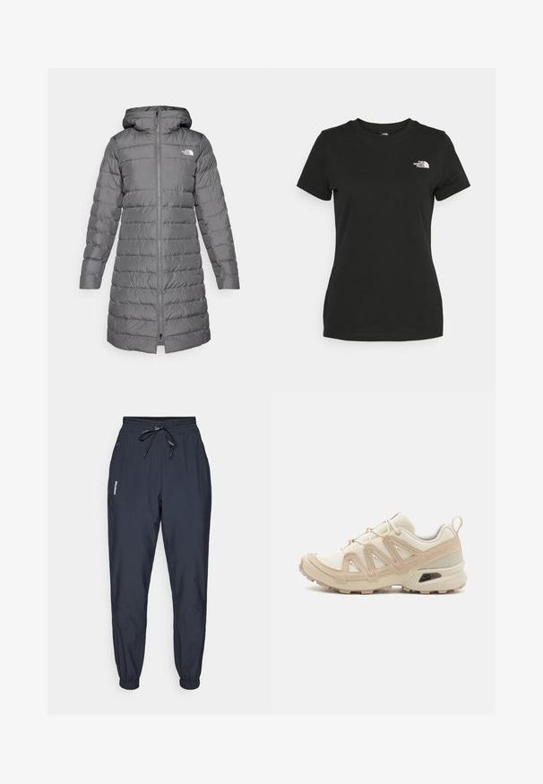 Harmaa puffatakkia hupulla, jossa on vetoketjusuljenta, pystysuora tikkipinta ja logo korostus vasemmassa rintapielessä.; Musta puuvillahihaton t-paita, jossa on pyöreä kaula-aukko ja lyhyet hihat. Huomattava valkoinen logo vasemmassa yläkulmassa. Sujuva kangas ja rento leikkaus.; Tummansinisiä verkkareita, joissa on joustava vyötärö ja säädettävä naru. Ominaisuuksiin kuuluu kapenevat lahkeet ja sivu logo-yksityiskohta.; Beige ja kreemi värvi sportlikud jalanõud, millel on tekstiilne mesh ülemine osa, toetavad ülekatted ja kummist tald, millel on mustripattern haardeks.