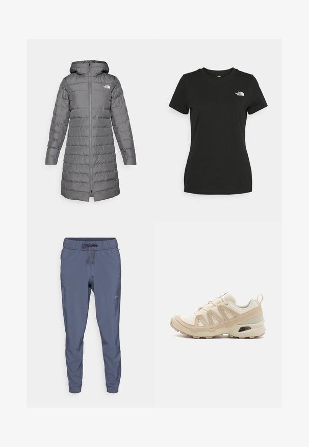 Pelēks pūkains mētelis ar kapuci, ar rāvējslēdzēju priekšā, vertikālu kviltojuma rakstu un logotipa akcentu kreisajā krūtī.; Melnas kokvilnas T-krekls ar apaļu kakla izgriezumu un īsām piedurknēm. Ievērojams balts logo kreisajā augšējā pusē. Gluda tekstūra, brīvā piegriezumā.; Patagonia TERREBONNE JOGGERS - Āra bikses - smolder blue; Beige un krēma sporta apavi ar strukturētu tīkla virsmu, atbalstošajiem slāņiem un gumijas zoli ar protektoru rakstu, kas nodrošina saķeri.