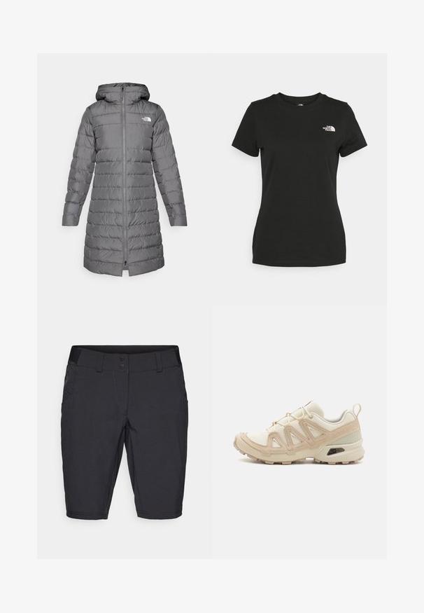 Grå puffjakke med hette, med glidelås foran, vertikalt quiltet mønster og logoakcent på venstre bryst.; Svart bomull t-skjorte med rund hals og korte ermer. Fremtredende hvit logo øverst til venstre. Glatt tekstur, avslappet passform.; Svarte shorts laget av lettvektstoff, med flat foran, to frontlommer og en jevn tekstur med knappeåpning i midjen.; Beige og krem joggesko med teksturert mesh-overdel, støttende overlegg og gummisåle med et mønster for godt grep.