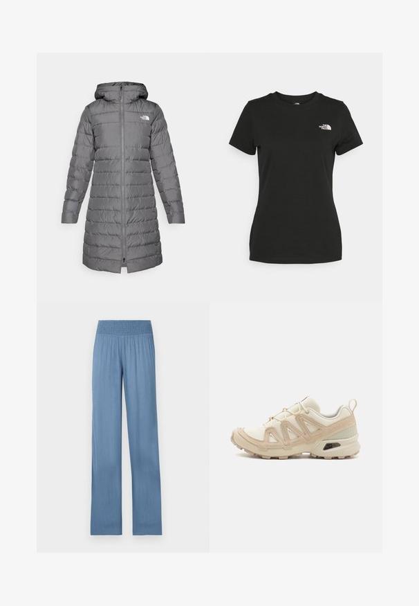 Cămașă puffer gri cu glugă, având un fermoar frontal, un model cu cusături verticale și un accent cu logo pe pieptul stâng.; Tricou din bumbac negru, cu guler rotund și mâneci scurte. Logo alb notabil în partea stângă sus. Textură netedă, croi casual.; Pantaloni larga de culoare albastru deschis, cu talie elastică, confecționați dintr-un material texturat, având un croi drept și un design până la gleznă.; Pantofii sport bej și crem au un superior din plasă texturată, suprapuneri de susținere și o talpă din cauciuc cu un model de profil pentru aderență.