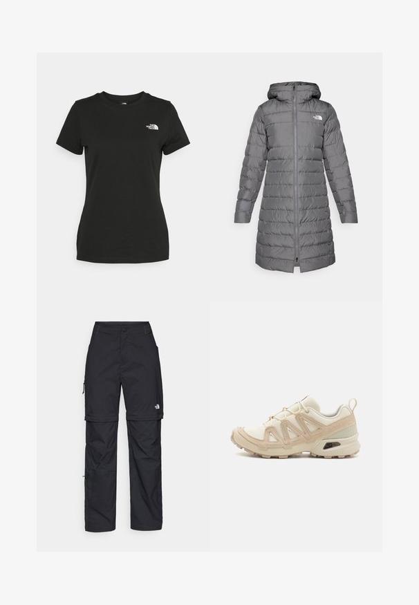 Hallhallane puffer-jope kapuutsiga, millel on tõmblukk ees, vertikaalne tikandimuster ja logo aktsent vasakul rinnal.; Mustvalge puuvillane t-särk, millel on ümber kaeluse lõige ja lühikesed varrukad. Märkimisväärne valge logo vasakul ülal nurgas. Sile tekstuur, mugav lõige.; Mustad nailonist valmistatud eemaldatavad cargo-püksid, reguleeritavate pahkluudega, mitmete taskutega ja paremal jalal logoga. Sile, kerge tekstuur.; Beež ja koobalti spordijalats tekstureeritud võrkkattega, toetavad ülemised kihid ja kummist tallaga, millel on mustriga joonistus haardeks.