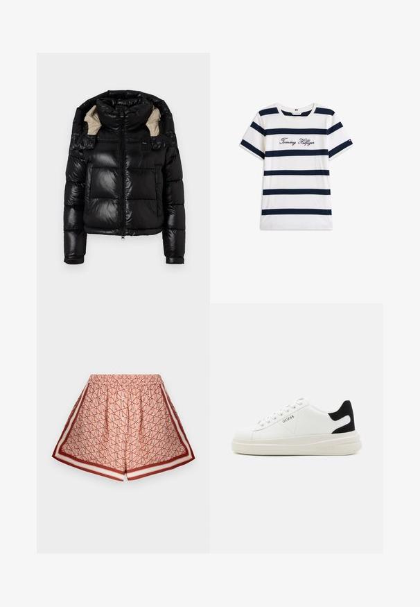 Mustapuffatakki, jossa on kiiltävä pinta, korkea kaulus ja beige vuori. Varustettu vetoketj closure, kahdella etutaskulla ja säädettävillä hihansuilla.; Puuvillainen t-paita, jossa on vaakasuoria tummansinisiä raitoja valkoisella taustalla. "Tommy Hilfiger" brodeerattu kursiivilla rintamuksessa. Pyöreä kaula-aukko.; Vaaleanpunaiset printit farkkushortsit, joissa on geometrinen kuvio. Sisältää joustavan vyötärön ja kontrastiväriset punaiset reunat. Pehmeä kankaan tekstuuri.; Valkoiset nahkakengät paksulla valkoisella pohjalla, mustalla mokkanahkaosuudella kannassa ja kohokuvioitu logo sivulla. Nauhakeskitys kuudella reiällä.