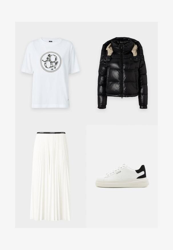 Black puffer jacket with a glossy finish, high collar, and beige lining. Features zip closure, two front pockets, and adjustable cuffs.; White cotton t-shirt featuring a round graphic logo with a black and gray animal print design. Short sleeves and a relaxed fit.; Pleated white skirt with a black elastic waistband featuring the "LACOSTE" logo. Mid-length design with soft texture.; White leather sneakers with a thick white sole, black suede heel accent, and embossed logo on the side. Laced design with six eyelets.