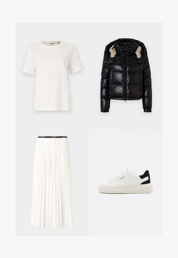 Must-haves mustern tead vatiiniga, kõrge kaelusega ja beeži voodriga. Eristuvad tõmbluku sulgemine, kaks esist taskut ja reguleeritavad varrukad.; Valge lühikeste varrukatega t-särk puuvillast, millel on tekstuuriga "GANT" logo veidi tumedamas valges, ümar kaeluse kujundusega.; Kurtitudega valge seelik musta elastse vööga, millel on "LACOSTE" logo. Keskmise pikkusega disain pehme tekstuuriga.; Valged nahast tennisetossud paksu valge tallaga, musta sametist kontsakeeuga ja külje peal riigilogo reljeefne kujundus. Lukkeskeem kuue silmaauguga.