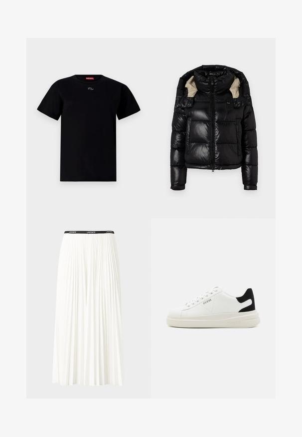 Fekete puffermellény fényes felülettel, magas gallérral és bézs béléssel. Cipzáras záródás, két elülső zseb és állítható mandzsetta jellemzi.; Fekete pamut póló kerek nyakkal, rövid ujjakkal és egy kis emblémával a mellkas közepén. Puha tapintású és normál szabású.; Plisszírozott fehér szoknya fekete elasztikus derékkal, amelyen a "LACOSTE" logó található. Középhosszú kialakítás, puha tapintással.; Fehér bőr sportcipők vastag fehér talppal, fekete velúr sarokpikkelyel és dombornyomott logóval az oldalon. Fűzős kialakítás, hat fűzőlyukkal.