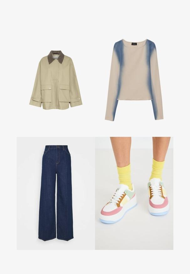 Beige dzseki barna kordbársony gallérral, két elülső zsebbel és patent gombokkal. Egyenes fazonú és hosszú ujjú.; Hosszú ujjú póló világos bézs színben, árnyékos kékkel díszítve. Simaságával és kerek nyakú, egyenes aljú kialakításával tűnik ki.; Magas derekú, széles szárú sötétkék farmernadrág elöl és hátul zsebekkel, gombos záródással és látható varrási részletekkel.; Fehér sneaker pasztellszínekben: menta, rózsaszín és sárga kiegészítőkkel. Vastag talppal, perforált orral és kontrasztos fűzővel rendelkezik.