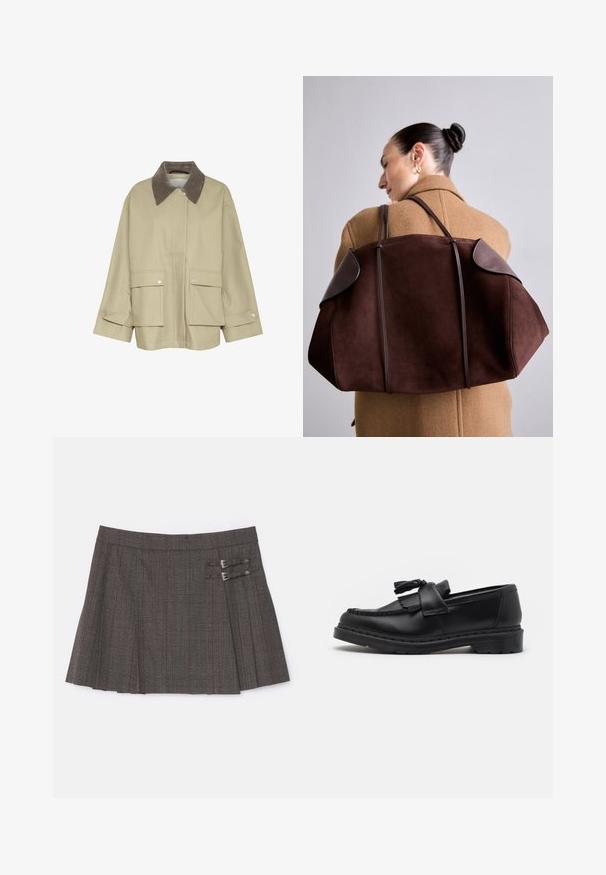 Beige jas met een bruinCorduroy kraag, twee voorzakken en drukknoopaccenten. Heeft een rechte snit en lange mouwen.; Rood-wit gestreept shirt met lange mouwen, voorzien van een ronde hals en een loose fit. Zachte stof met een gelijkmatig streep patroon.; The Kooples JUPE - Minirok - brown; Zwarte leren instapper met een franjesaccent, gestikte details langs de rand en een dikke rubberen zool voor duurzaamheid.; Bruine suède handtas met donkere leren accenten, met een gestructureerde vorm en dubbele handvatten, gedragen over de schouder tegen een beige jas.